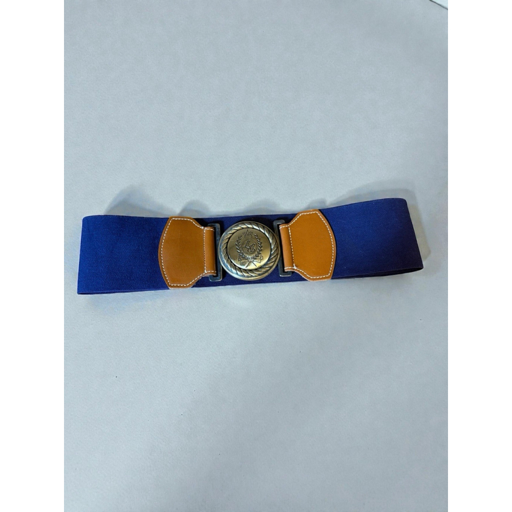 Vintage Liz Claiborne Belt Blue Stretch Gold Crest Buckle Size M/L Preppy 80s‎
